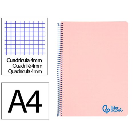 Cuaderno espiral liderpapel a4 wonder tapa plastico 80h 90gr cuadro 4mm con margen color rosa