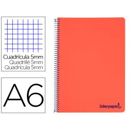 Cuaderno espiral liderpapel a6 micro wonder tapa plastico 120h 90 gr cuadro 5mm 4 bandas color rojo