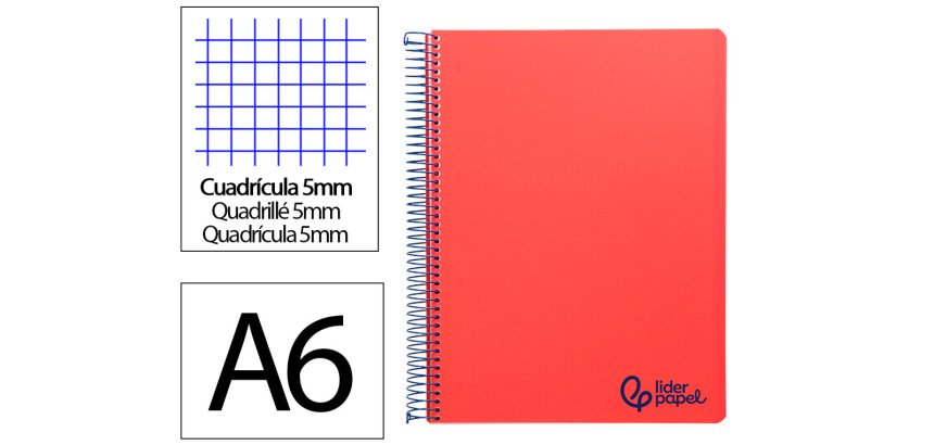 Cuaderno espiral liderpapel a6 micro wonder tapa plastico 120h 90 gr cuadro 5mm 4 bandas color rojo