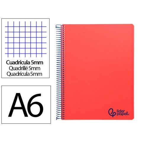 Cuaderno espiral liderpapel a6 micro wonder tapa plastico 120h 90 gr cuadro 5mm 4 bandas color rojo