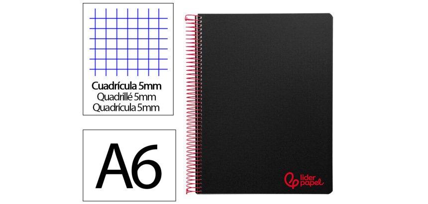 Cuaderno espiral liderpapel a6 micro wonder tapa plastico 120h 90 gr cuadro 5mm 4 bandas color negro