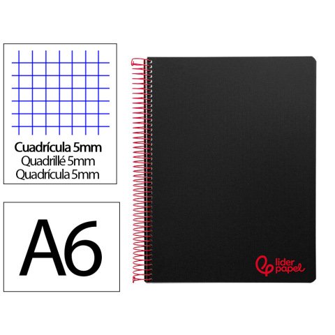 Cuaderno espiral liderpapel a6 micro wonder tapa plastico 120h 90 gr cuadro 5mm 4 bandas color negro