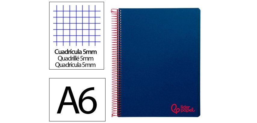 Cuaderno espiral liderpapel a6 micro wonder tapa plastico 120h 90 gr cuadro 5mm 4 bandas color azul marino