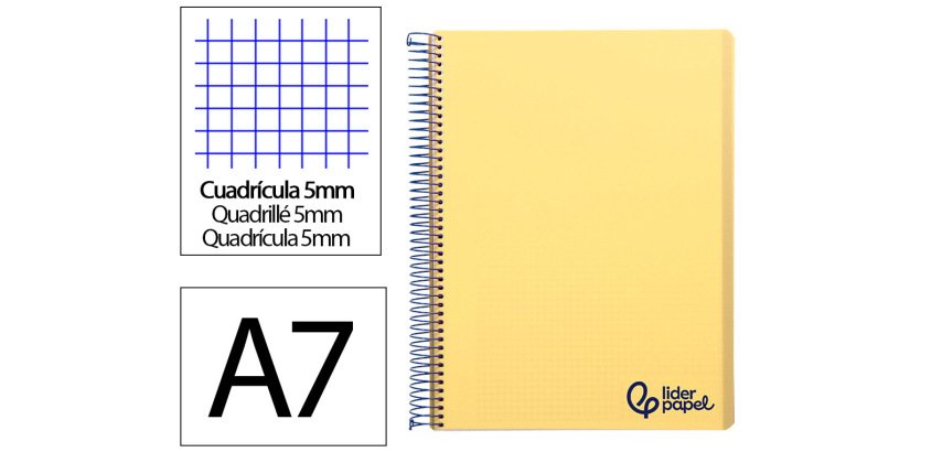 Cuaderno espiral liderpapel a7 micro wonder tapa plastico 100h 90gr cuadro 5mm 4 bandas color amarillo