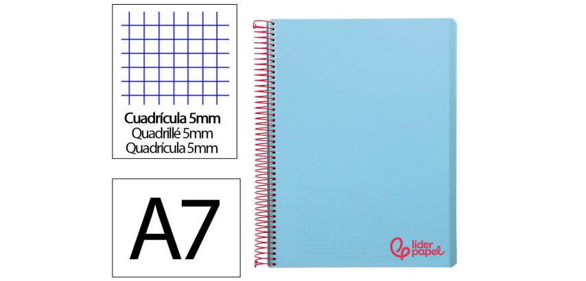 Cuaderno espiral liderpapel a7 micro wonder tapa plastico 100h 90gr cuadro 5mm 4 bandas color celeste