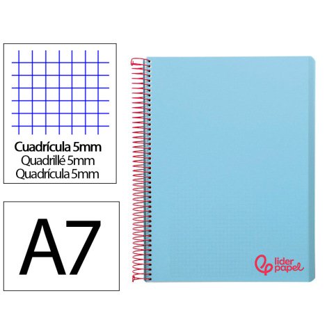 Cuaderno espiral liderpapel a7 micro wonder tapa plastico 100h 90gr cuadro 5mm 4 bandas color celeste