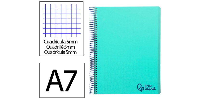 Cuaderno espiral liderpapel a7 micro wonder tapa plastico 100h 90gr cuadro 5mm 4 bandas color verde pastel turquesa