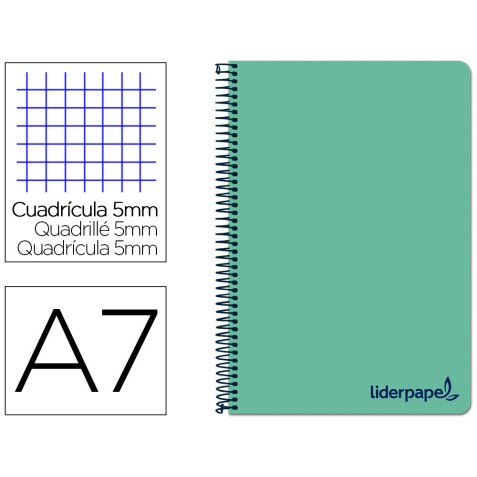 Cuaderno espiral liderpapel a7 micro wonder tapa plastico 100h 90 gr cuadro 5mm 4 bandascolor verde pastel turquesa