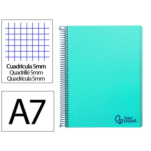Cuaderno espiral liderpapel a7 micro wonder tapa plastico 100h 90gr cuadro 5mm 4 bandas color verde pastel turquesa