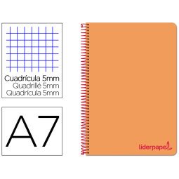 Cuaderno espiral liderpapel a7 micro wonder tapa plastico 100h 90 gr cuadro 5mm 4 bandas color naranja