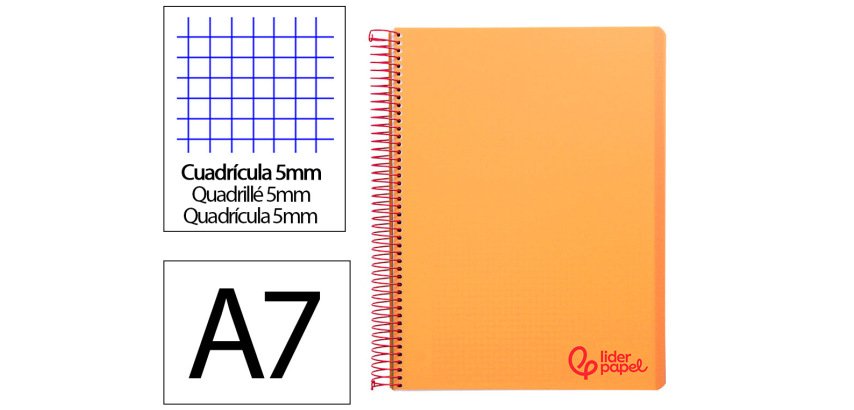 Cuaderno espiral liderpapel a7 micro wonder tapa plastico 100h 90gr cuadro 5mm 4 bandas color naranja