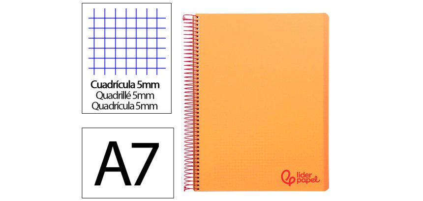 Cuaderno espiral liderpapel a7 micro wonder tapa plastico 100h 90gr cuadro 5mm 4 bandas color naranja