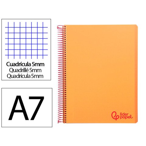 Cuaderno espiral liderpapel a7 micro wonder tapa plastico 100h 90gr cuadro 5mm 4 bandas color naranja