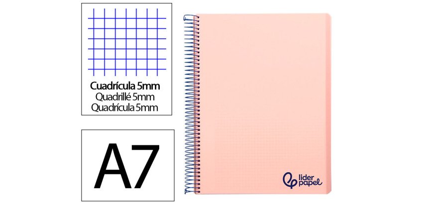 Cuaderno espiral liderpapel a7 micro wonder tapa plastico 100h 90gr cuadro 5mm 4 bandas color rosa