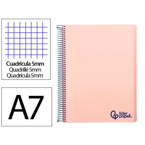 Cuaderno espiral liderpapel a7 micro wonder tapa plastico 100h 90gr cuadro 5mm 4 bandas color rosa