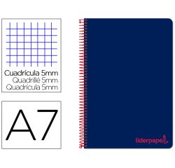 Cuaderno espiral liderpapel a7 micro wonder tapa plastico 100h 90 gr cuadro 5mm 4 bandas color azul marino