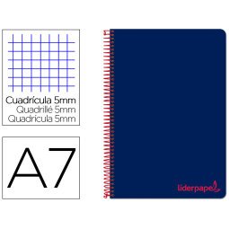 Cuaderno espiral liderpapel a7 micro wonder tapa plastico 100h 90 gr cuadro 5mm 4 bandas color azul marino