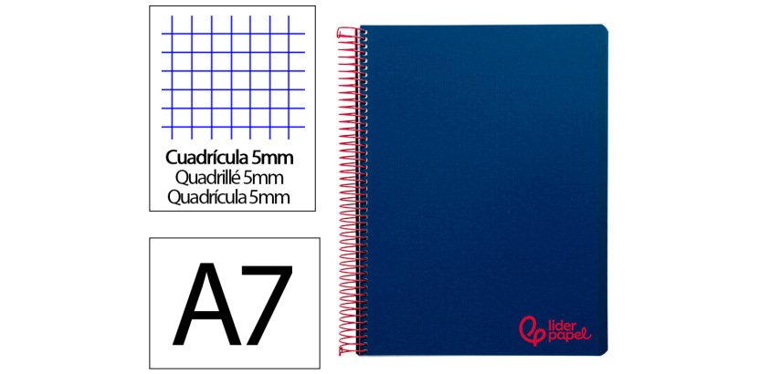 Cuaderno espiral liderpapel a7 micro wonder tapa plastico 100h 90gr cuadro 5mm 4 bandas color azul marino