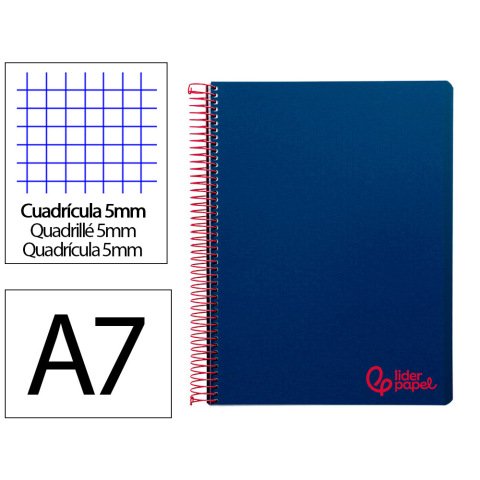 Cuaderno espiral liderpapel a7 micro wonder tapa plastico 100h 90gr cuadro 5mm 4 bandas color azul marino