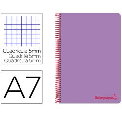 Cuaderno espiral liderpapel a7 micro wonder tapa plastico 100h 90 gr cuadro 5mm 4 bandas color violeta