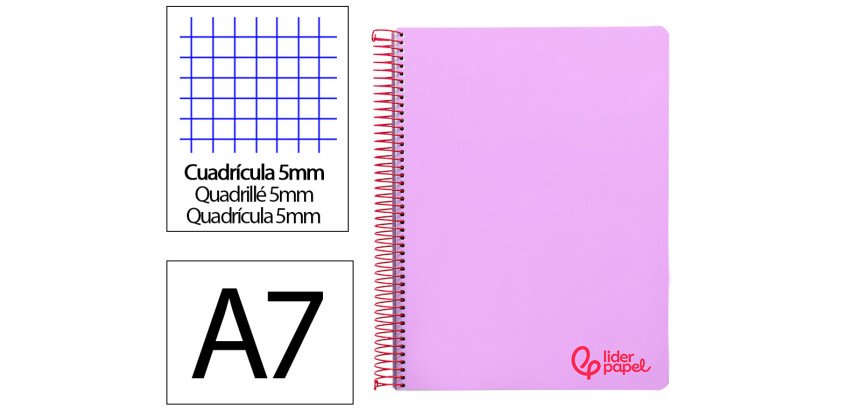Cuaderno espiral liderpapel a7 micro wonder tapa plastico 100h 90gr cuadro 5mm 4 bandas color violeta