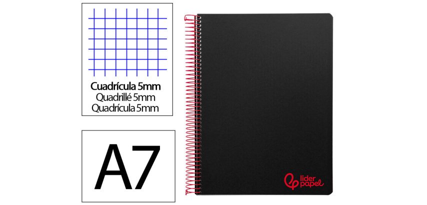 Cuaderno espiral liderpapel a7 micro wonder tapa plastico 100h 90gr cuadro 5mm 4 bandas color negro