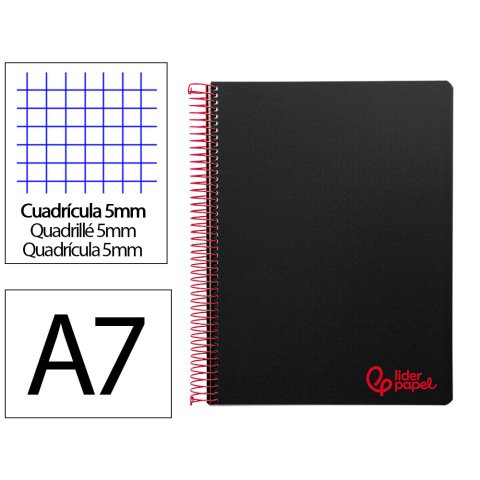 Cuaderno espiral liderpapel a7 micro wonder tapa plastico 100h 90gr cuadro 5mm 4 bandas color negro
