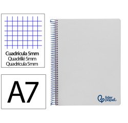 Cuaderno espiral liderpapel a7 micro wonder tapa plastico 100h 90gr cuadro 5mm 4 bandas color gris