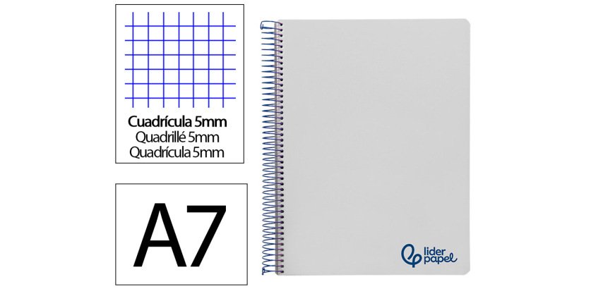 Cuaderno espiral liderpapel a7 micro wonder tapa plastico 100h 90gr cuadro 5mm 4 bandas color gris