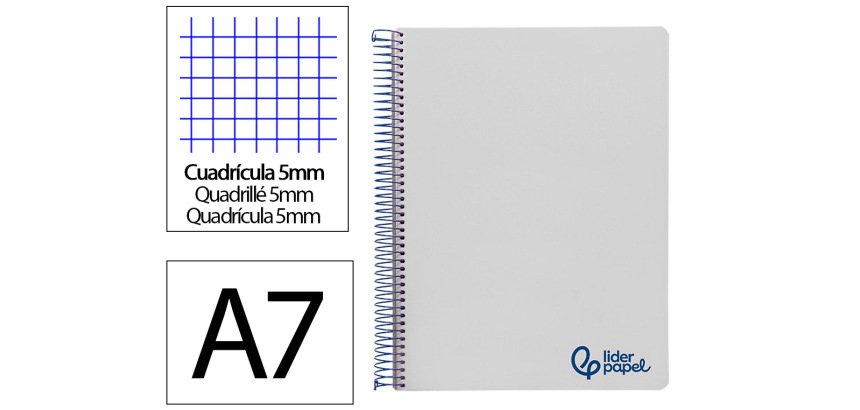 Cuaderno espiral liderpapel a7 micro wonder tapa plastico 100h 90gr cuadro 5mm 4 bandas color gris
