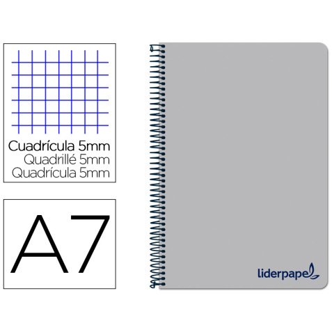 Cuaderno espiral liderpapel a7 micro wonder tapa plastico 100h 90 gr cuadro 5mm 4 bandas color gris