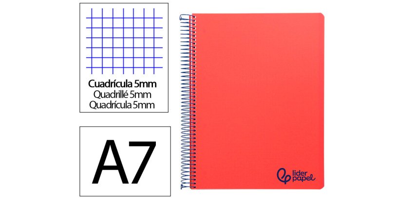 Cuaderno espiral liderpapel a7 micro wonder tapa plastico 100h 90gr cuadro 5mm 4 bandas color rojo