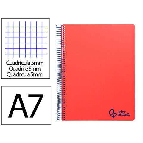 Cuaderno espiral liderpapel a7 micro wonder tapa plastico 100h 90gr cuadro 5mm 4 bandas color rojo