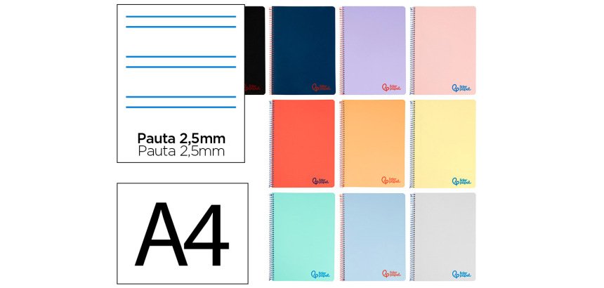 Cuaderno espiral liderpapel a4 wonder tapa plastico 80h 90gr pauta estrecha 2,5mm con margen colores surtidos