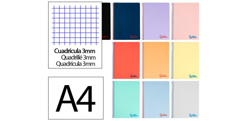 Cuaderno espiral liderpapel a4 wonder tapa plastico 80h 90gr cuadro 3mm con margen colores surtidos