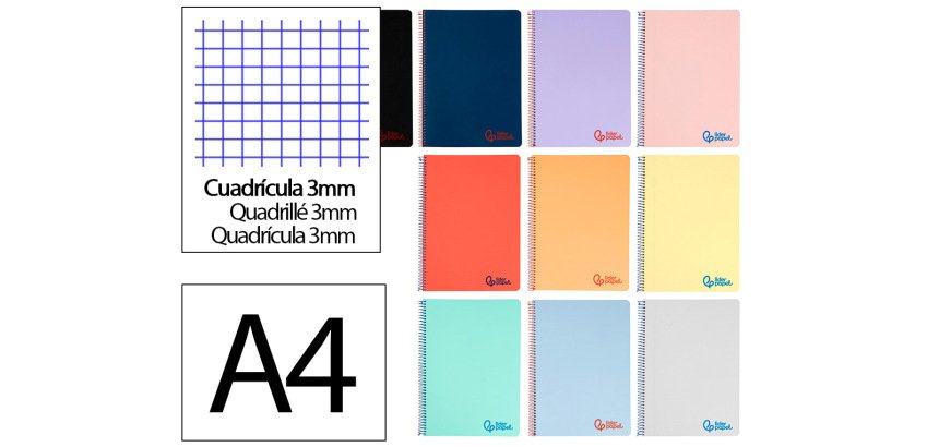 Cuaderno espiral liderpapel a4 wonder tapa plastico 80h 90gr cuadro 3mm con margen colores surtidos