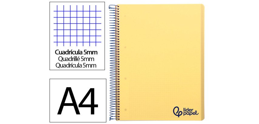 Cuaderno espiral liderpapel a4 micro wonder tapa plastico 120h 90gr cuadro 5mm 5 banda 4 taladros color amarillo