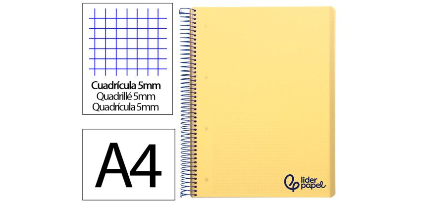 Cuaderno espiral liderpapel a4 micro wonder tapa plastico 120h 90gr cuadro 5mm 5 banda 4 taladros color amarillo