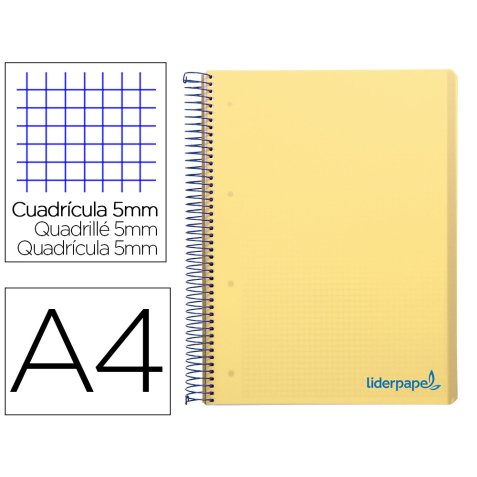 Cuaderno espiral liderpapel a4 micro wonder tapa plastico 120h 90 gr cuadro 5mm 5 banda 4 taladros color amarillo