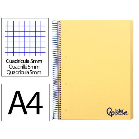 Cuaderno espiral liderpapel a4 micro wonder tapa plastico 120h 90gr cuadro 5mm 5 banda 4 taladros color amarillo