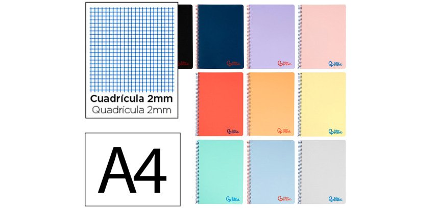 Cuaderno espiral liderpapel a4 wonder tapa plastico 80h 90gr milimetrado 2mm con margen colores surtidos