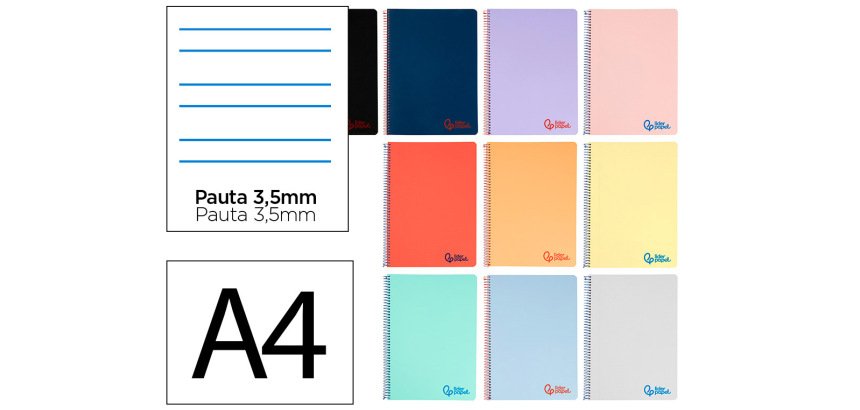 Cuaderno espiral liderpapel a4 wonder tapa plastico 80h 90gr pauta ancha 3,5mm con margen colores surtidos
