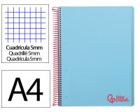 Cuaderno espiral liderpapel a4 micro wonder tapa plastico 120h 90gr cuadro 5mm 5 banda 4 taladros color celeste