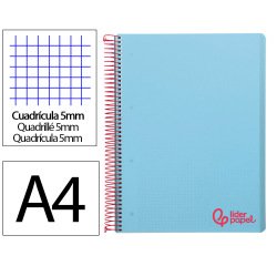 Cuaderno espiral liderpapel a4 micro wonder tapa plastico 120h 90gr cuadro 5mm 5 banda 4 taladros color celeste