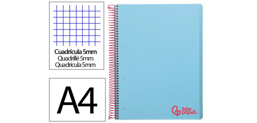 Cuaderno espiral liderpapel a4 micro wonder tapa plastico 120h 90gr cuadro 5mm 5 banda 4 taladros color celeste