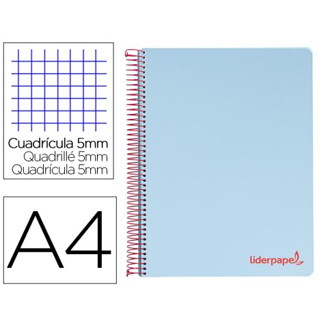 Cuaderno espiral liderpapel a4 micro wonder tapa plastico 120h 90 gr cuadro 5mm 5 banda 4 taladros color celeste
