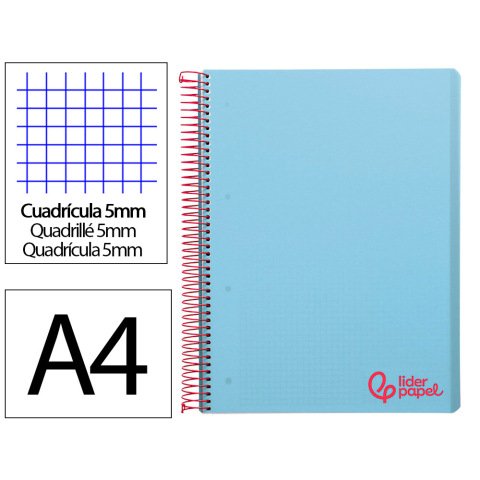 Cuaderno espiral liderpapel a4 micro wonder tapa plastico 120h 90gr cuadro 5mm 5 banda 4 taladros color celeste