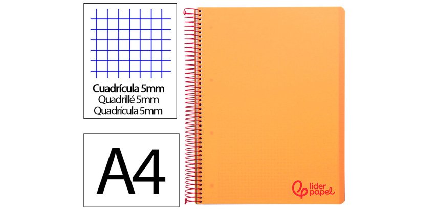 Cuaderno espiral liderpapel a4 micro wonder tapa plastico 120h 90gr cuadro 5mm 5 banda 4 taladros color naranja