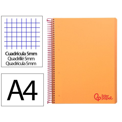 Cuaderno espiral liderpapel a4 micro wonder tapa plastico 120h 90 gr cuadro 5mm 5 banda 4 taladros color naranja