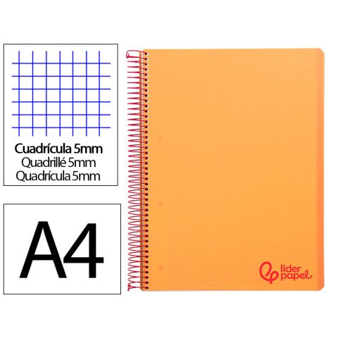 Cuaderno espiral liderpapel a4 micro wonder tapa plastico 120h 90gr cuadro 5mm 5 banda 4 taladros color naranja